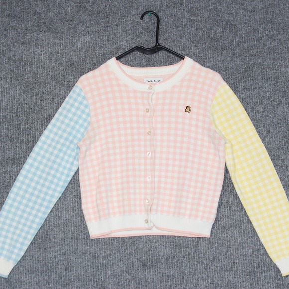 Teddy Fresh Sweaters - Teddy Fresh Cardigan Womens Medium Pink Gingham Check‎ Colorblock Knit Sweater